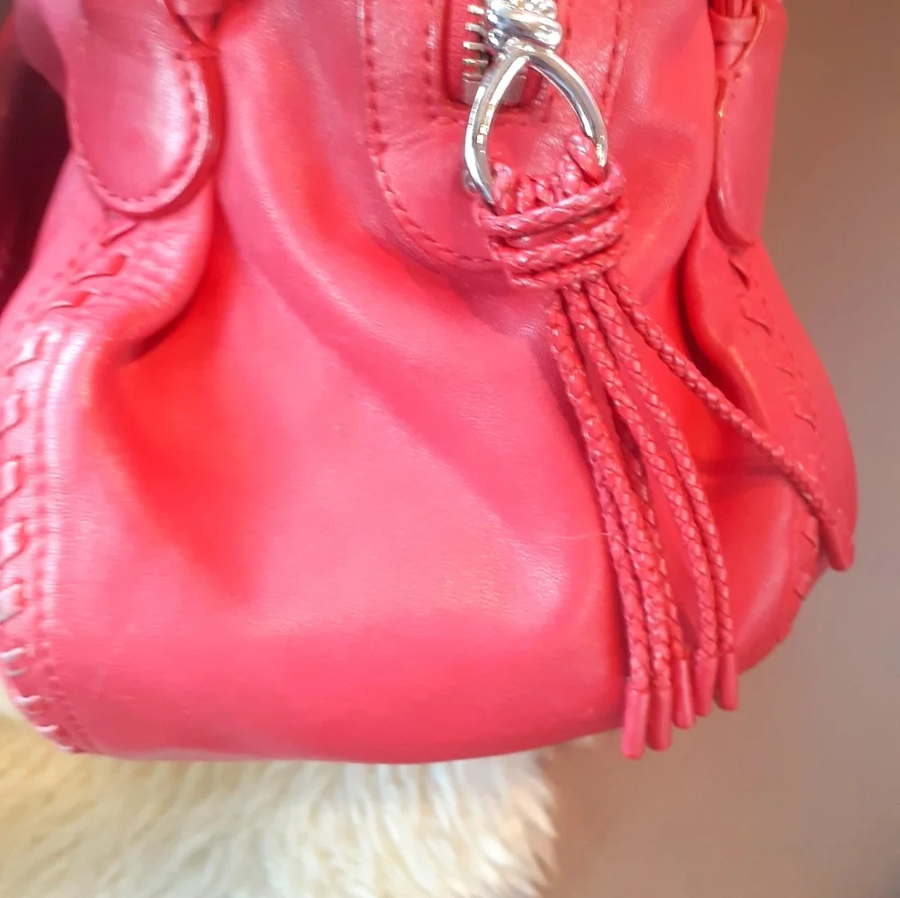 Cole Haan Hobo Apple red Leather purse satchel Tassel Braid trim